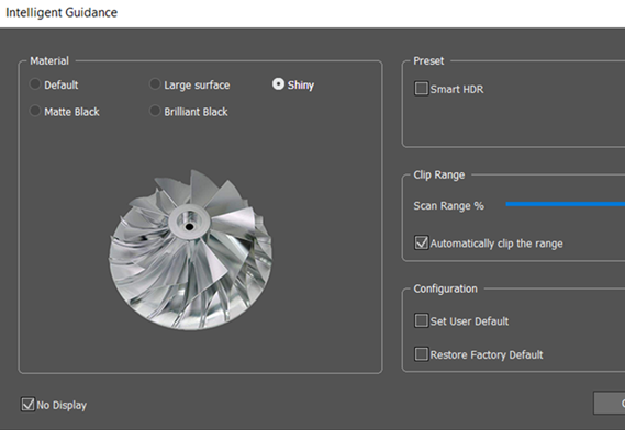 검은색과 반짝이는 부분을 지능형으로 안내하는 3D 스캐닝 시스템